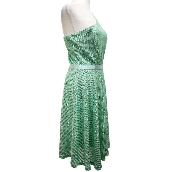 One-Shoulder Light Green Sequined Dress With Ribbon Waist Flowing Skirt Size M - Picture 11 of 12